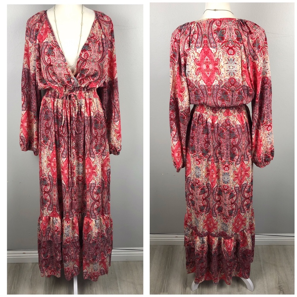 CHAUDRY Red Paisley Boho Goddess Maxi Dress L